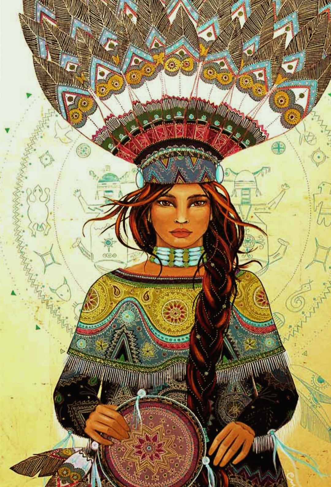 dessin d'une femme indienne jouant du tambour