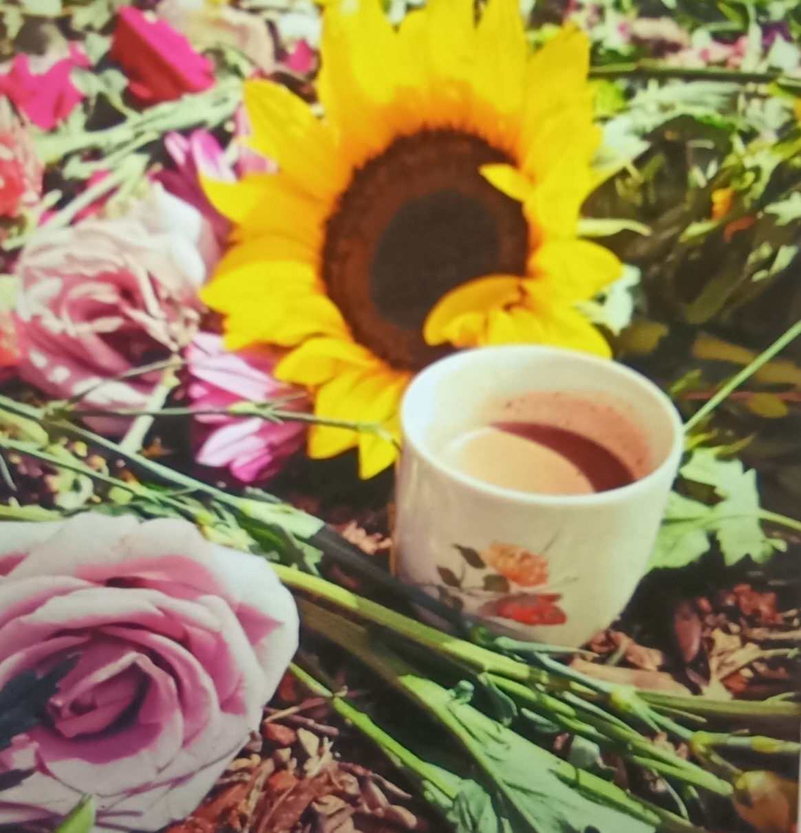 Tasse de cacao entourée de fleurs
